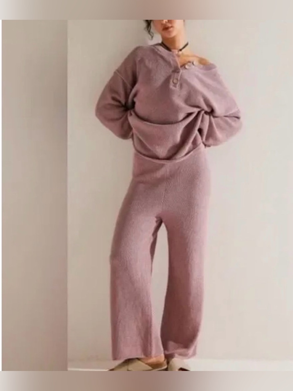 FREE PEOPLE BEACH Sz HAILEE SWEATER SET HENLEY PULLOVER & WIDE LEG PANT